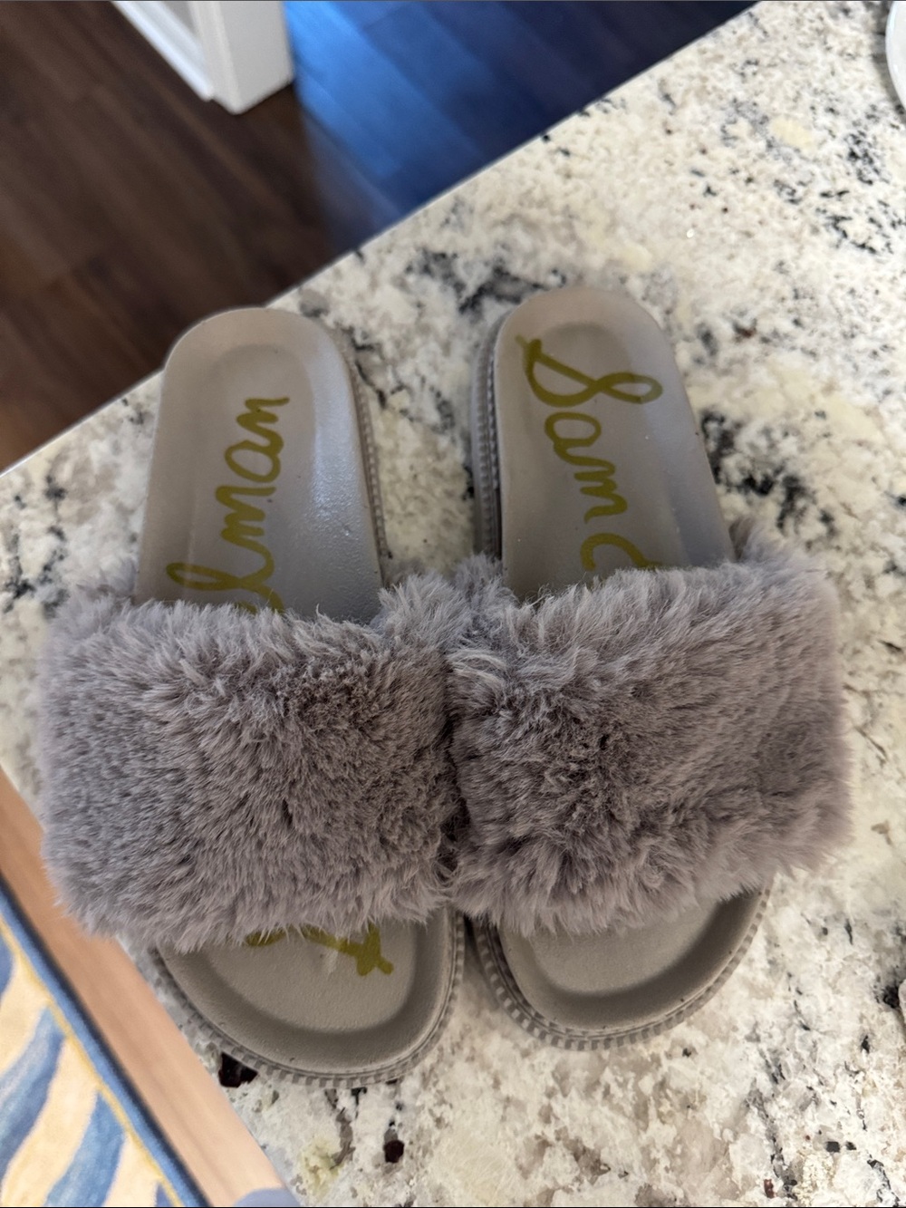 Sam Edelman Plush Faux Fur Slide Sandals in Taupe Gray